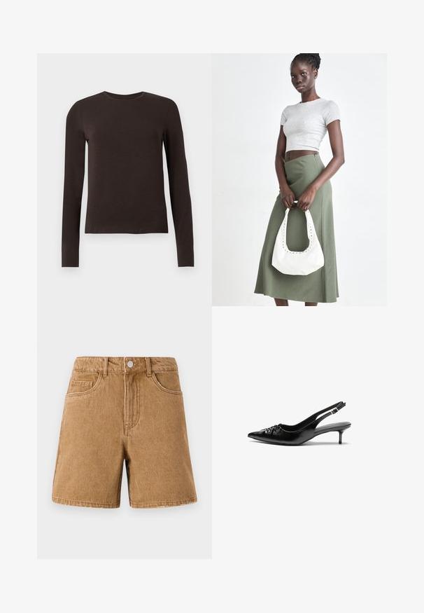 Mørkebrune, langermede crew neck skjorter med slim fit vist mot en enkel hvit bakgrunn.; Brune denimshorts med høy midje, frontlommer og knappelukking. Stoffet har en glatt tekstur med en subtil glans.; Sorte skinnert remsandaler med spiss tå, liten kittenhæl og en dekorativ knute detalj foran. Glatt tekstur gjennom hele.; Grå ribbet topp og olivengrønn høy midje skjørt. Modellen holder en hvit skulderveske med utskjæringsdetaljer. Enkelt design, tettsittende silhuett.