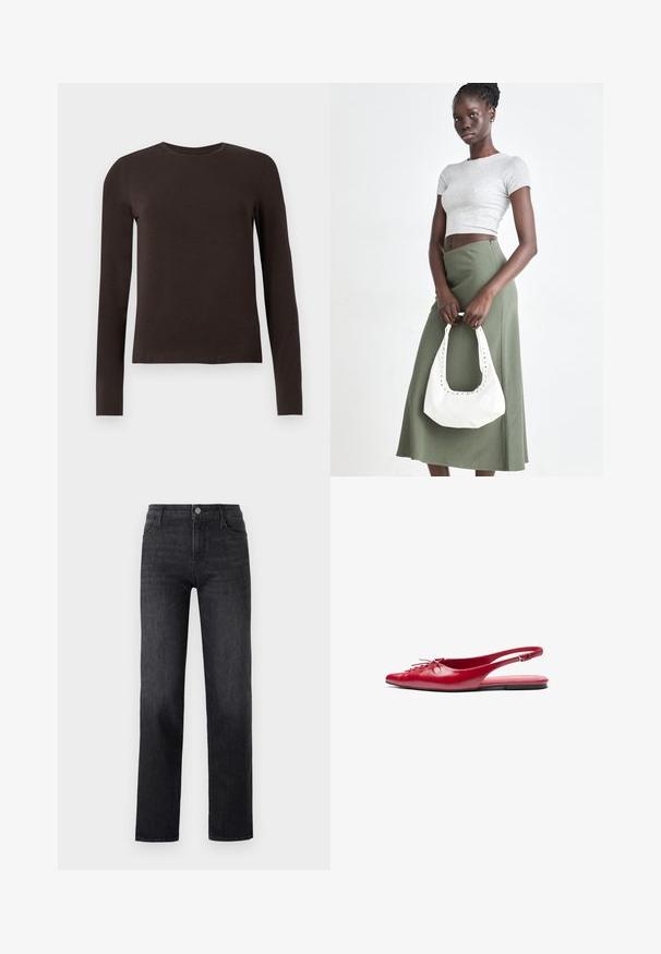 Tmavohnedá dlhá rukávová tričko s okrúhlym výstrihom a slim fit zobrazené na jednoduchom bielom pozadí.; Čierne džínsy s rovnými nohavicami, s predným zapínaním na gombík a piatimi vreckami. Tkanina má hladký povrch.; Červené kožené slingback ploché topánky s š piatym prstom a dekoračným šnurovaním vpredu, s úzkym členkovým pásom a plochou podrážkou.; Sivý pruhovaný crop top a olivovo zelená sukňa s vysokým pásom. Model drží bielu ramennú tašku s vyrezávanými detailmi. Jednoduchý dizajn, priliehavý strih.