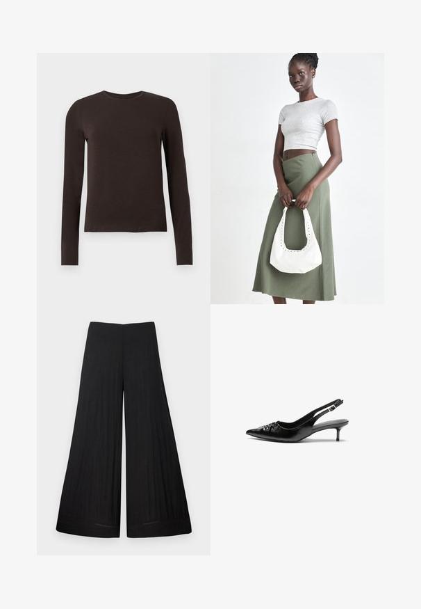 Dark brown long-sleeve crew neck shirt with a slim fit displayed on a plain white background.; Black wide-leg trousers made from lightweight fabric. Features a flat waistband and flowing material, with minimal stitching details.; Black leather slingback heels with a pointed toe, small kitten heel, and a decorative knot detail on the front. Smooth texture throughout.; Gray ribbed crop top and olive green high-waisted skirt. Model holds a white shoulder bag with cut-out detailing. Simple design, fitted silhouette.
