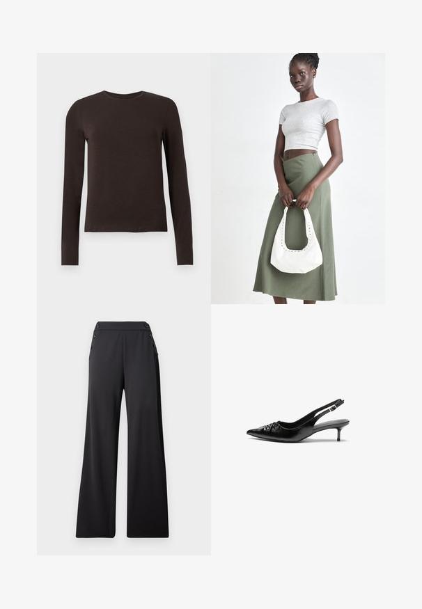 Dark brown long-sleeve crew neck shirt with a slim fit displayed on a plain white background.; Black wide-leg pants with high waist and decorative buttons on the sides, displayed flat against a plain background.; Black leather slingback heels with a pointed toe, small kitten heel, and a decorative knot detail on the front. Smooth texture throughout.; Gray ribbed crop top and olive green high-waisted skirt. Model holds a white shoulder bag with cut-out detailing. Simple design, fitted silhouette.