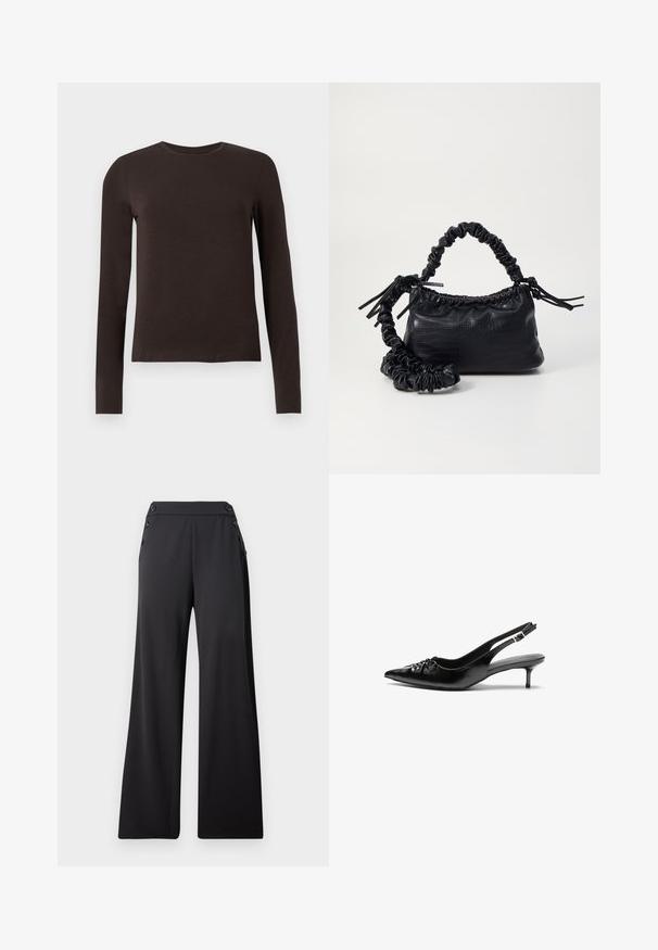 Dark brown long-sleeve crew neck shirt with a slim fit displayed on a plain white background.; Black wide-leg pants with high waist and decorative buttons on the sides, displayed flat against a plain background.; Black leather slingback heels with a pointed toe, small kitten heel, and a decorative knot detail on the front. Smooth texture throughout.; Black faux leather handbag with a crocodile texture, cinched top, and a scrunched strap. Appears soft and compact in design.