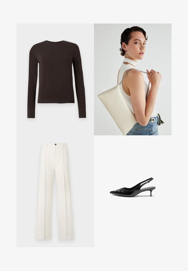 Mørkebrunt langærmet crew neck skjorte med slim fit præsenteret på en ensfarvet hvid baggrund.; Hvide, brede bukser med høj talje, der har to frontfolder, en enkelt knaplukning og lommer. Glat stoftekstur.; Sorte læderslippers med spidse tæer, lille kitten hæl og en dekorativ knude detalje foran. Glat tekstur hele vejen rundt.; Hvid rektangulær clutch-taske lavet af skinnende materiale, med en sølv kædetransport. Modellen poser, mens hun fremviser tasken mod en ensfarvet baggrund.