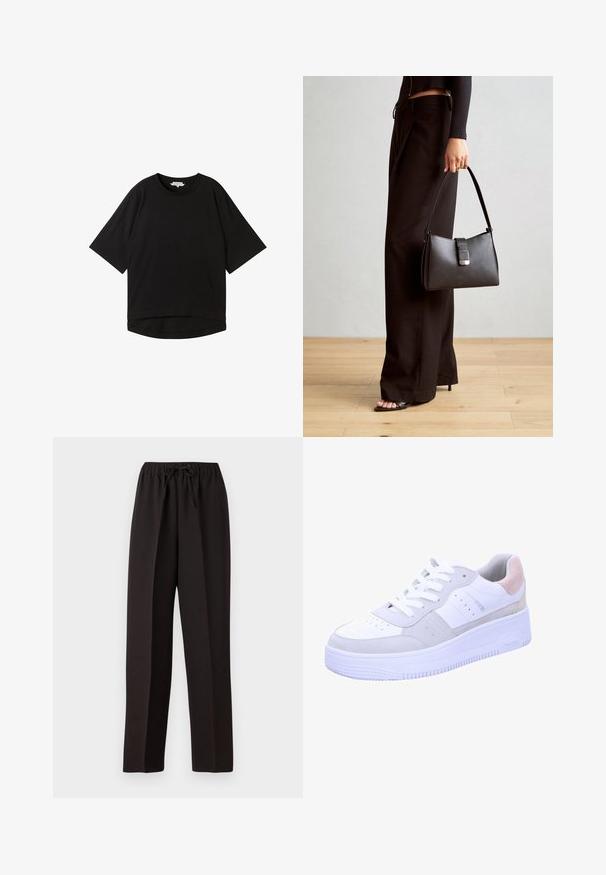 Svart t-shirt med kort ärm, avslappnad passform, rund halsringning och en något böjd nederkant. Tillverkad av ett mjukt, texturerat tyg.; Svarta byxor med vida ben, elastisk midja och justerbart snöre. Tillverkade av ett slätt, lätt tyg utan synliga mönster.; Vit sneaker med grå mockadetaljer, texturerad sula, perforerad tåkapsel och vita snören. Har en subtil pastellrosa hälflik.; Svart handväska med strukturerad form, slät yta och metallspänne. Matchad med vida svarta byxor och sandaler med öppen tå på trägolv.