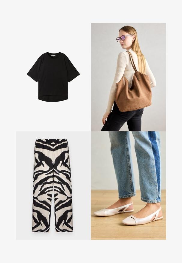 Zwart T-shirt met korte mouwen, een relaxte pasvorm, ronde halslijn en een licht gebogen zoom. Gemaakt van een zachte, gestructureerde stof.; Zwarte en beige gestreepte wijde broek met een elastische tailleband, uitgerust met een gedurfde zebra-strik patroon in een zachte stof.; Zachtroze slingback ballerina's met een spitse neus, gemaakt van een glad leerachtig materiaal. Bevat uitsnijdingen aan de zijkanten en heeft een platte hak.; Bruine suède totebag met zachte textuur, grote opening en lange hengsels. Het heeft een eenvoudig ontwerp met zichtbare stiksels en geen hardware.