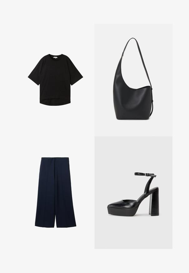 Camiseta negra de manga corta con corte relajado, cuello redondo y dobladillo ligeramente curvado. Fabricada con un tejido suave y texturizado.; Pantalones de pierna ancha de color azul marino, hechos de una tela suave, con pliegues en la parte delantera, dos bolsillos laterales y una cinturilla limpia sin cierres visibles.; Zapatos de tacón negro con punta afilada y correa ajustable en el tobillo. Confeccionados en cuero suave, presentan un tacón grueso.; Bolso tipo hobo de cuero negro con una textura suave, forma curvada y una sola correa ajustable; presenta una amplia apertura en la parte superior.