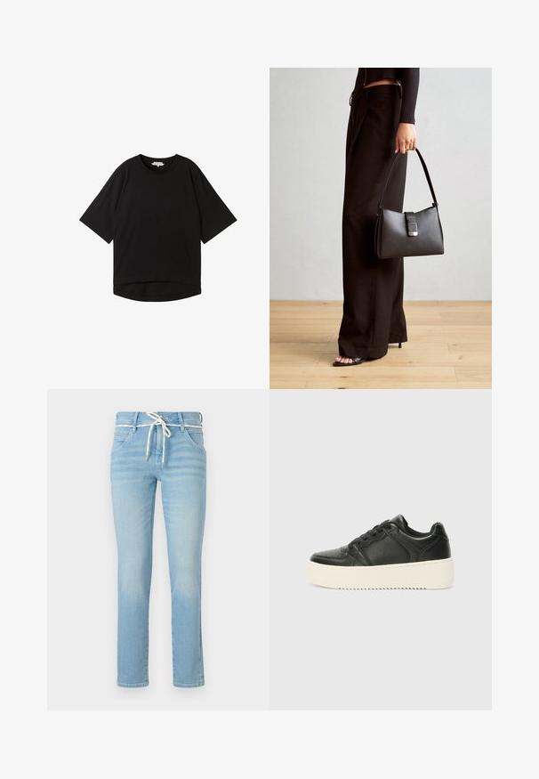 Črna kratka majica z dolgimi rokavi, sproščenega kroja, okroglim izrezom in rahlo ukrivljenim robom. Narejena iz mehke, teksturirane tkanine.; Svijetloplave traperice ravnog kroja, s bijelim konopcem u struku i suptilnim izbljeđivanjem kroz cijelu površinu.; Črne usnjene superge z gladko teksturo, debele kreme barve na podplatu, okroglo konico in klasičnim vezalnim dizajnom. Nežna šivalna podrobnost.; Črna torbica z strukturirano obliko, gladko teksturo in kovinskim zaponko. Ujemajo se z širokimi črnimi hlačami in odprtimi sandali na lesenem tleh.