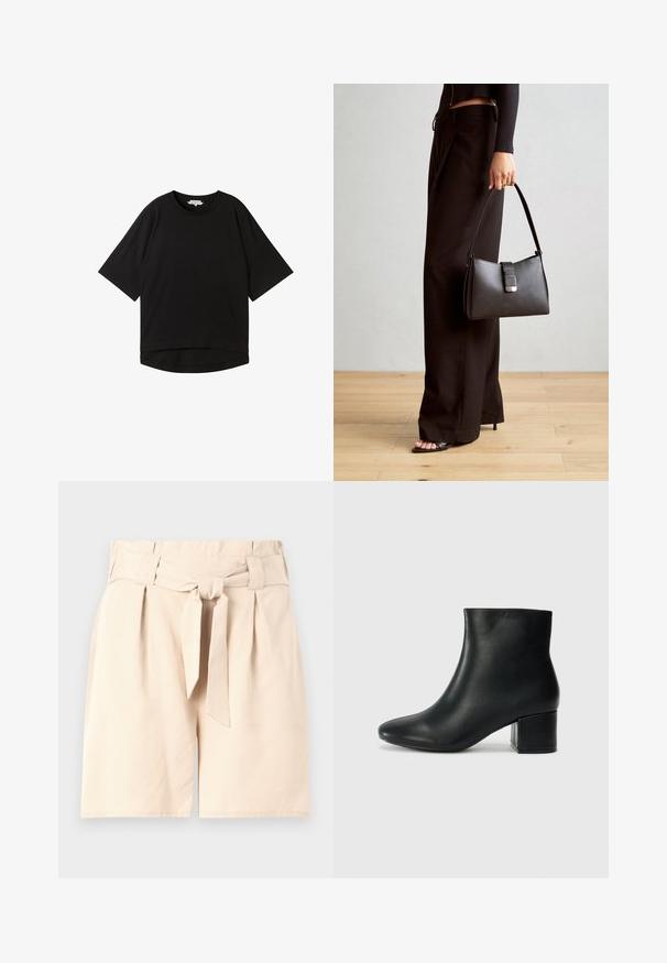 Fekete, rövid ujjú póló, laza fazonnal, kerek nyakkal és enyhén ívelt aljjal. Puha, textúrált anyagból készült.; Beige magas derekú rövidnadrág elől megkötős övvel, pliszírozott dizájnnal és sima szövet textúrával. Tiszta, szabott forma, és nincs látható minta.; Fekete bőr bokacsizma hegyes orral és vastag sarokkal. Sima felület minimális díszítéssel és karcsú, passzos kialakítással.; Fekete kézi táska strukturált formával, sima textúrával és fémből készült záródással. Széles fekete nadrággal és nyitott orrú szandállal párosítva, fából készült padlón.