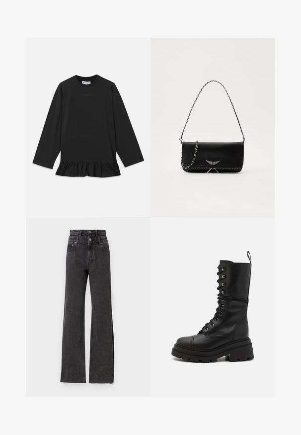Blusa preta de manga longa com decote redondo, bainha com babados e um detalhe de texto subtil na parte da frente. Feita de material macio e confortável.; Os jeans pretos de cintura alta apresentam um design de perna reta, detalhes discretos de desgasto e fecho em botão de metal na cintura.; Botas de couro pretas com atacadores, sola robusta, cano alto e superfície texturizada, apresentando ilhós metálicos e uma aba para puxar.; Saco de couro preto com uma alça de corrente prateada, apresentando ornamentos em forma de asas e costura branca ao longo da costura inferior.