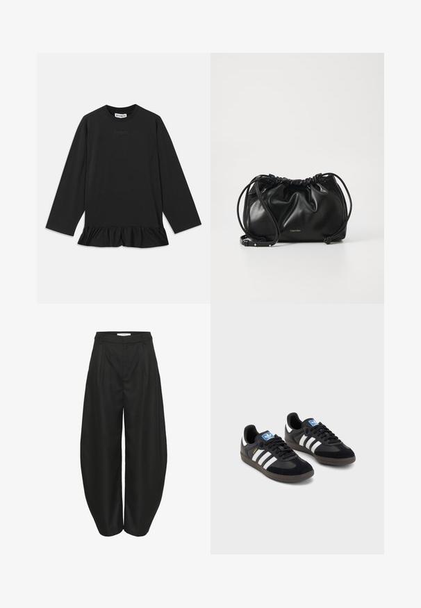 Svart langermet topp med rund halsutringning, volangkant og subtil tekstdetalj på forsiden. Laget av mykt, behagelig materiale.; Sorte høye vidde bukser med pressfolder, beltehemper og skjult frontlukking, designet av Gestuz.; Svarte sneakers med overdel i semsket lær og syntetisk materiale, med tre hvite striper, strukturert gummisåle og blå logoetikett på tungen.; Svart lærveske med samlet design, dobbel snoråpning og avtagbar skulderrem. Har metallisk logodetalj.