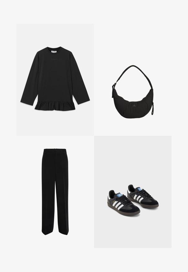 Top negro de manga larga con cuello redondo, dobladillo con volantes y un sutil detalle de texto en la parte delantera. Fabricado con un material suave y cómodo.; Pantalones negros de pierna ancha con tejido suave, cinturilla alta y diseño frontal plano sin bolsillos ni adornos.; Zapatillas negras con un upper de ante y sintético, con tres rayas blancas, suela de goma texturizada y etiqueta de logo azul en la lengüeta.; Bolso negro de hombro con un diseño curvado, tejido acolchado, correa ajustable y un logotipo sutil. Cuenta con un compartimento con cremallera y acentos texturizados.