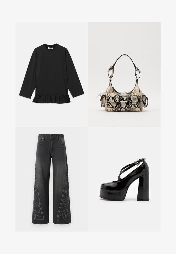Top negro de manga larga con cuello redondo, dobladillo con volantes y un sutil detalle de texto en la parte delantera. Fabricado con un material suave y cómodo.; Jeans de pierna ancha negros, hechos de denim, con un gráfico bordado desgastado en los laterales y un diseño tradicional de cinco bolsillos.; The Kooples CHAUSSURES - Zapatos altos - black; Bolso de mano de Python en beige y negro, con una forma estructurada, detalle de hebilla y dobles asas. Superficie texturizada.