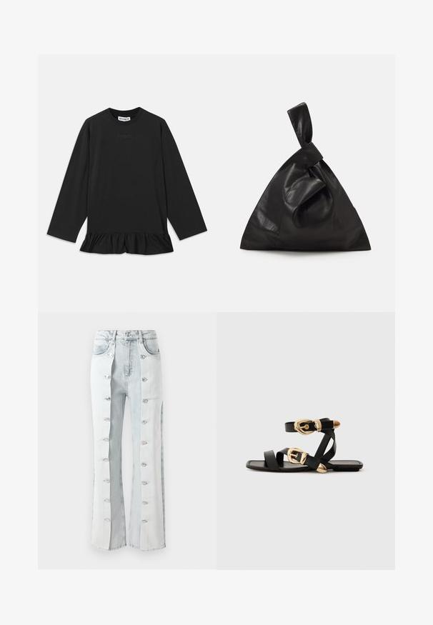 Juodas ilgomis rankovėmis marškinėlis su apvaliu iškirpimu, raukšlėtu apdailos kraštu ir subtiliu tekstiniu dekoru priekyje. Pagamintas iš minkštos, patogios medžiagos.; Šviesiai mėlynos džinsinės kelnes su sidabriniais mygtukų akcentais, turinčios platesnius džinsų siluetus ir šonines klostes. Medžiaga turi tekstūruotą apdailą.; Juodos odinės šlepetės su auksiniais sagtelėmis, turinčios daugybę dirželių ir plokščią padą, skirtos atviriems pirštams.; Juodas odinis krepšys su unikalia mazgo uždarymo sistema, trikampio formos, lygiu paviršiumi ir minimalistiniu dizainu. Nėra matomų detalių ar raštų.