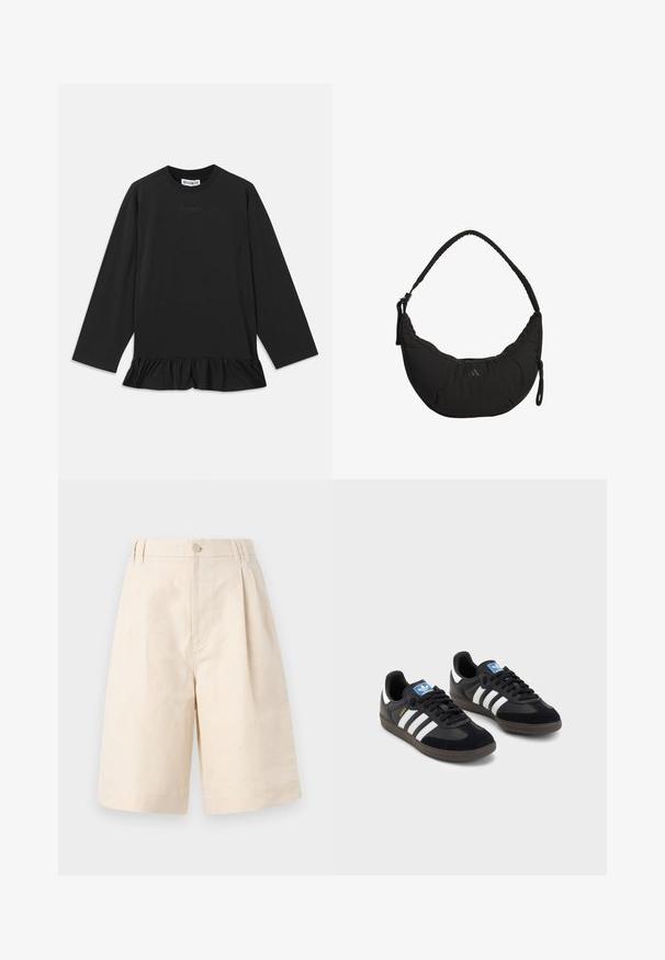 Schwarzes langärmliges Oberteil mit rundem Halsausschnitt, rüschengesäumtem Saum und dezentem Textdetail auf der Vorderseite. Aus weichem, bequemem Material hergestellt.; Beige Leinen-Shorts mit lockerer Passform, ausgestattet mit einem Knopfverschluss, gefaltetem Design und knielangem Schnitt. Glatte Textur und schlichter Stil.; Schwarze Sneaker mit einem Obermaterial aus Wildleder und Synthetik, ausgestattet mit drei weißen Streifen, einer strukturierten Gummi-Sohle und einem blauen Logo-Tag auf der Zunge.; Schwarze Schultertasche mit kurvigem Design, gepolstertem Stoff, verstellbarem Schultergurt und dezentem Logo. Verfügt über ein Reißverschlussfach und strukturierte Akzente.