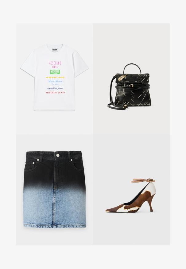 Weißes Baumwoll-T-Shirt mit mehreren Textlogos in Pink, Grün, Gelb, Blau und Rot, die vertikal auf der Vorderseite angeordnet sind.; Denimrock mit einem Ombre-Design, das von Schwarz oben zu Hellblau unten übergeht. Fünf Taschen und Details aus silbernem Metall.; Braun-weiße Kuhfell-Muster High Heel Schuh mit spitzer Zehe, strukturierten Oberfläche und einem Knöchelriemen mit einer hellbraunen Schnalle.; Schwarze Lederhandtasche mit geometrischer weißer Naht, einem Tragegriff und einem abnehmbaren Schultergurt. Mit goldenen Akzenten und einem Reißverschluss.