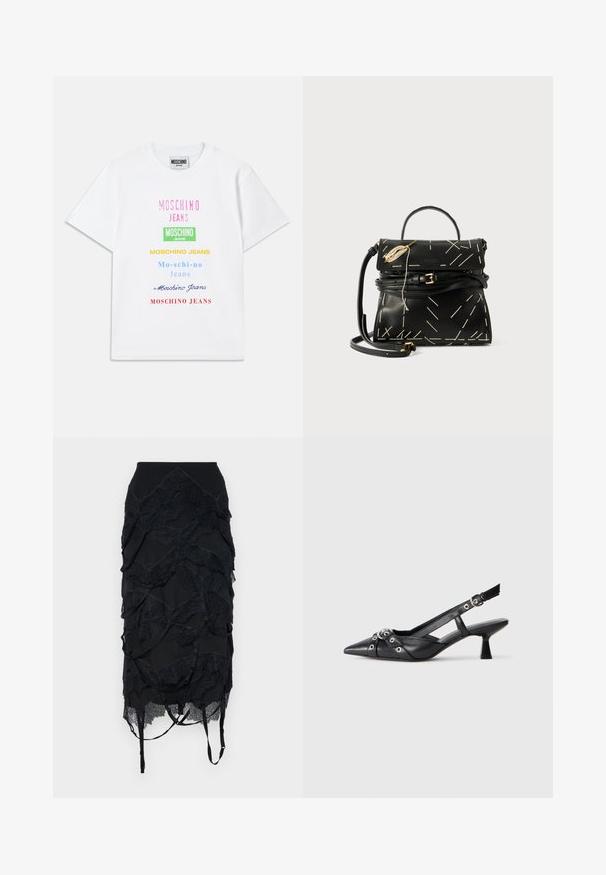 Valge puuvillane T-särk, mille ees on mitmed teksti logod roosa, rohelise, kollase, sinise ja punase värviga, paigutatud vertikaalselt.; Mustvalge seelik, mis on kaunistatud kihiliste pitsaktsentidega, kitseneva vöökohtaga ja reguleeritavate rihmadega. Kujunduses on laineline muster, mis ulatub kogu seeliku ulatuses.; Must must have must toote tõmblukuga, dekoratiivsed rihmad metallist silmadega ja madal blokk-kand. Tekstureeritud pind.; Must musta nahk käekott geomeetrilise valge õmblusega, ülemise käepideme ja eemaldatava õlavarre rihmaga. Sisaldab kuldseid detaile ja lukuga sulgemist.