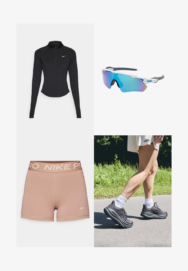 Juodas sportinis ilgomis rankovėmis marškinėliai su aukštu apykaklės ir ketvirtiniu užtrauktuku. Turi prigludusią formą ir baltą Nike logotipą ant krūtinės.; Nike Pro šortai, šviesiai rudi, elastingas juosmuo su užrašu "NIKE PRO" smėlio spalvos, lygios tekstūros audinys, prigludusi forma, minimalus siuvimo detalumas.; Juodi sportiniai batai su tekstūruota medžiaga, storais paminkštintais padais ir raišteliais, derinami su baltais kojinaitėmis ir šviesiai kreminiais drabužiais.; Akiniai nuo saulės su balta rėmeliu, pilkų akcentų ir mėlynais veidrodiniais objektyvais. Sportiškas dizainas, aplink galvą prilipusios formos ir reguliuojamos nosies pagalvėlės.