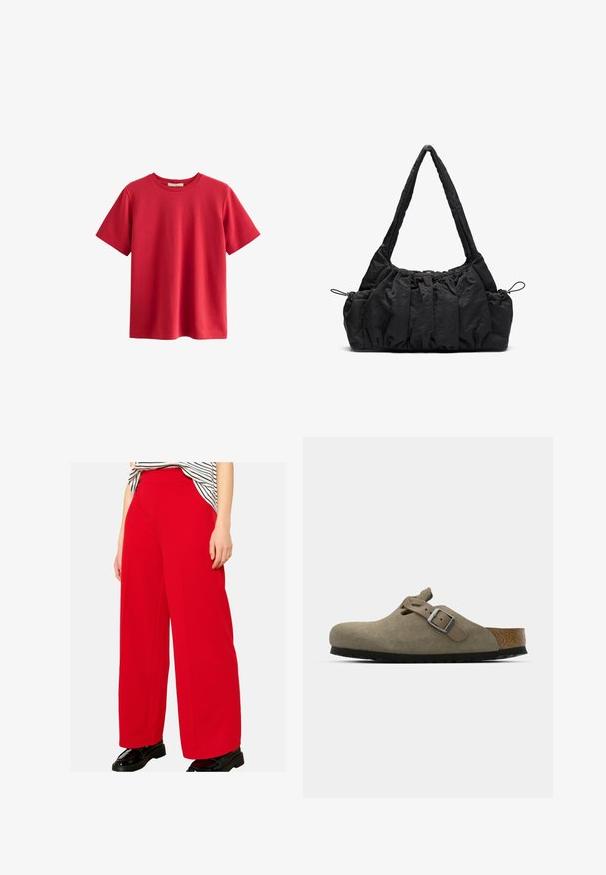 Raudonas trumpomis rankovėmis medvilninis marškinėliai, su apvaliu kaklu, laisvu kirpimu ir lygaus paviršiaus, be matomų raštų ar akcentų.; Plačios kojos kelnės ryškiai raudono audinio, su aukštu liemeniu ir švariomis linijomis. Medžiaga atrodo glotni, derinama su blizgiais juodais batais.; Šviesiai alyvuogių spalvos zomšiniai klumpės su formuotu kamštiniu ir guminiu padu. Turi šoninę diržą su metaliniu segtuku ir suapvalintu pirštu.; Juodas audinio rankinukas su suraizgytu tekstūru, dviem petinėmis rankenomis ir raišteliu šonuose. Sklandus, lengvas audinys.