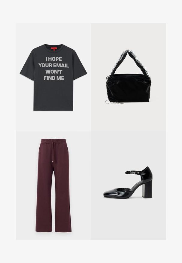 Grijze katoenen t-shirt met ronde hals en korte mouwen. Voorzien van bold, witte tekst: "IK HOOPE DAT JE E-MAIL MIJ NIET ZULT VINDEN."; Bordeaux wijdvallende broek met een elastische tailleband, trekkoord en zijzakken. Gemaakt van zachte, gladde stof met een relaxed fit.; Zwarte lakleren hoge hakken met een vierkante neus, enkelbandje en een chunky hak. Inclusief geperforeerde details langs de rand.; Zwarte nep leren handtas met een gestructureerde afwerking, voorzien van een bewerkte zilveren accent langs de bovenste handgreep en een schouderband van kettingen.