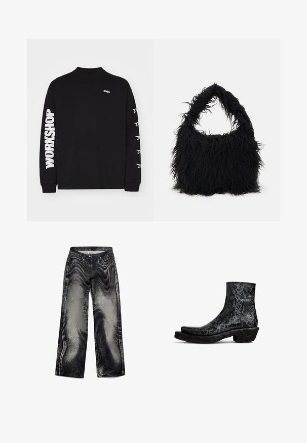 Czarna koszulka z długim rękawem, wykonana z bawełny, z logo "032c" na piersi i tekstem "WORKSHOP" wytłoczonym na lewym rękawie białą czcionką.; Czarne dżinsy o szerokich nogawkach z teksturowanym, wyblakłym wzorem, z pięcioma kieszeniami i zapięciem na guzik. Gładki materiał o lekko błyszczącym wykończeniu.; Czarne botki za kostkę w wzór węża z teksturowanym wierzchem i masywną czarną gumową podeszwą. Charakteryzują się zaokrąglonym noskiem oraz niską cholewką.; Even&Odd - Torba na zakupy