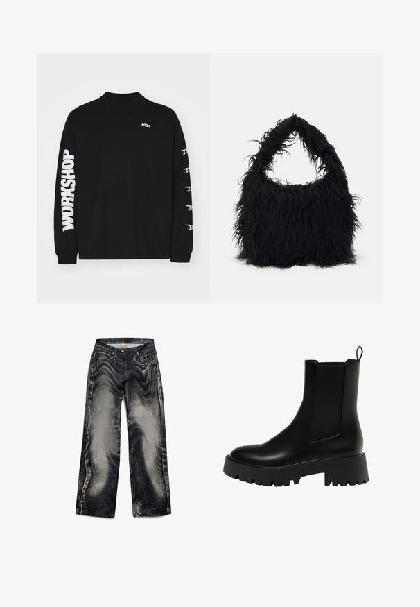 Black long-sleeve shirt made of cotton, featuring "032c" logo on the chest and "WORKSHOP" text in bold white along the left sleeve.; Black denim wide-leg jeans with a textured, faded pattern, featuring five pockets and a button closure. Smooth fabric with a slightly shiny finish.; Black leather ankle boot with a textured side panel, rounded toe, and chunky platform sole featuring a zigzag tread pattern.; Even&Odd Tote bag - black