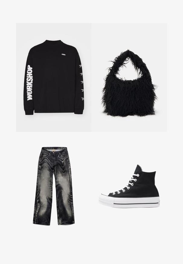 Maglietta nera a maniche lunghe in cotone, con logo "032c" sul petto e testo "WORKSHOP" in grassetto bianco lungo la manica sinistra.; Jeans ampi in denim nero con un motivo testurizzato e sbiadito, dotati di cinque tasche e chiusura a bottone. Tessuto liscio con una finitura leggermente lucida.; Sneaker alta nera in tela con occhielli e lacci bianchi e suola in gomma. Presenta un punta testurizzata e accenti a strisce bianche e nere.; Even&Odd Shopping bag - black