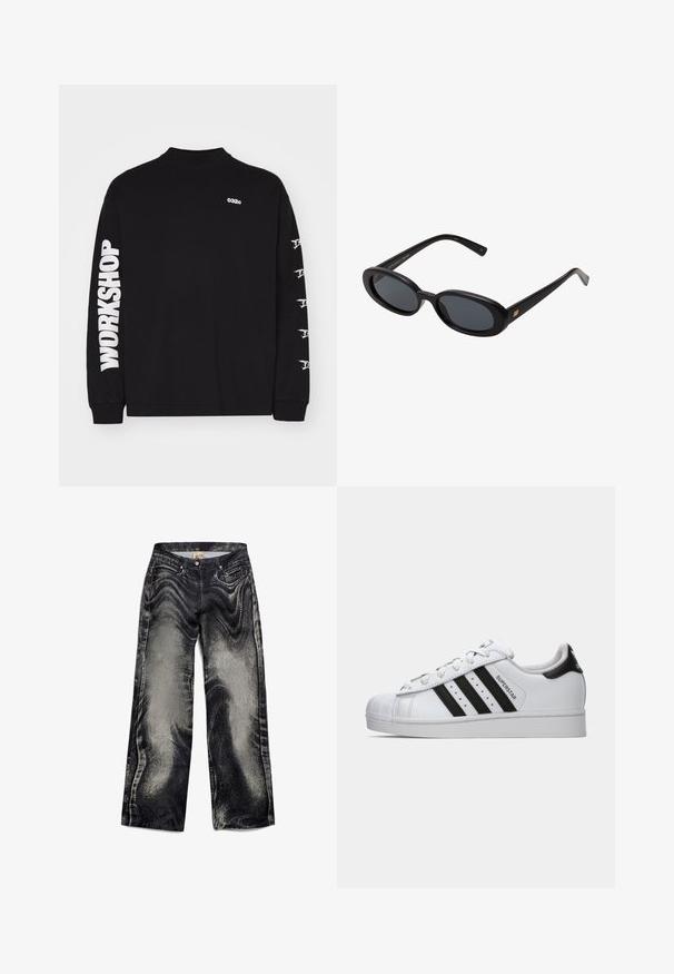 Maglietta nera a maniche lunghe in cotone, con logo "032c" sul petto e testo "WORKSHOP" in grassetto bianco lungo la manica sinistra.; Jeans ampi in denim nero con un motivo testurizzato e sbiadito, dotati di cinque tasche e chiusura a bottone. Tessuto liscio con una finitura leggermente lucida.; Sneaker Adidas Superstar bianca con strisce nere, punta a conchiglia e testo "Superstar" sul lato, mostrata in profilo sinistro su sfondo bianco.; Occhiali da sole neri oversize con lenti ovali, montatura in plastica liscia e accenti dorati sulle tempie. Le lenti scure offrono protezione dal sole.