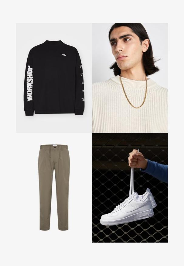 Czarna koszulka z długim rękawem, wykonana z bawełny, z logo "032c" na piersi i tekstem "WORKSHOP" wytłoczonym na lewym rękawie białą czcionką.; Spodnie w odcieniu oliwkowym, wykonane z gładkiego materiału, o luźnym kroju, z elastycznym pasem i troczkiem, oraz z dwoma przednimi zakładkami dla dodatkowego designu.; Białe skórzane sneakersy z perforacjami, okrągłym noskiem, płaską podeszwą i grubymi sznurówkami, z widocznym logo swoosh i napisem „AIR” na pięcie.; Złoty naszyjnik noszony na kremowym swetrze z prążkowanego dzianiny; miękka tekstura z wysokim kołnierzem i subtelnym wzorem w tkaninie.