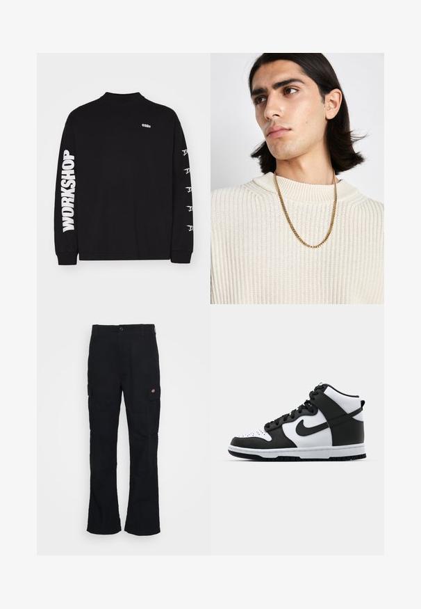 Crna majica dugih rukava od pamuka, s "032c" logotipom na prsima i "WORKSHOP" natpisom u podebljanoj bijeloj boji duž lijeve rukave.; Crne cargo hlače s ravnim krojem, napravljene od izdržljive tkanine, sa bočnim džepovima i aplikacijom logotipa na lijevoj strani.; Crno-bijela visoka tenisica s kožnim gornjim dijelom, perforiranim prstom, istaknutim swoosh logom i teksturiranom gumom potplatom.; Zlatna lančana ogrlica nošena preko kremaste pletene dukserice; mekana tekstura s visokim ovratnikom i suptilnim uzorkom na tkanini.