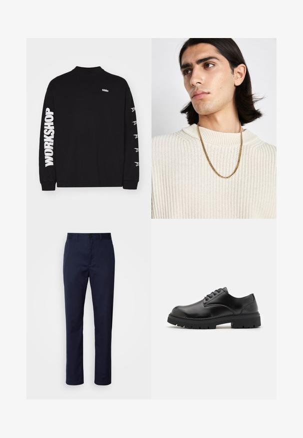 Crna majica dugih rukava od pamuka, s "032c" logotipom na prsima i "WORKSHOP" natpisom u podebljanoj bijeloj boji duž lijeve rukave.; Tamno plave hlače izrađene od mješavine pamuka. Imaju ravne nogavice, pojas s petljama za remen i prednje dugme za zatvaranje.; Crne kožne cipele s okruglim vrhom, dizajn s vezicama i debelim, teksturiranim gumenim potplatom. Imaju šavove uz rub i glatku završnu obradu.; Zlatna lančana ogrlica nošena preko kremaste pletene dukserice; mekana tekstura s visokim ovratnikom i suptilnim uzorkom na tkanini.