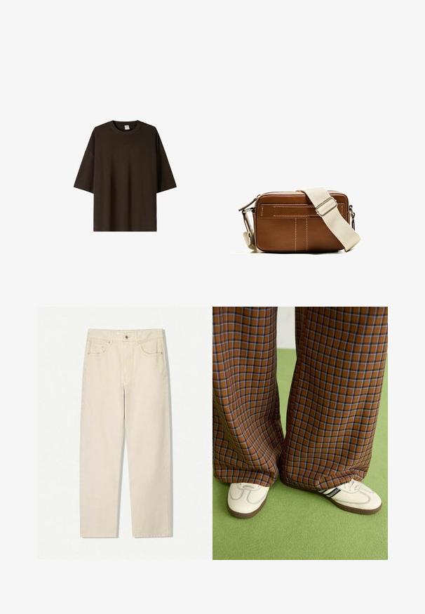 Brązowy, oversize t-shirt wykonany z miękkiej bawełny. Ma okrągły dekolt oraz krótkie, szerokie rękawy. Prosty, nieozdobiony design oraz gładka tekstura.; Beżowe spodnie dżinsowe typu straight leg z wysokim stanem, z przodu na guzik i zamek błyskawiczny, oraz pięcioma kieszeniami, wyeksponowane na białym tle.; Brązowo-niebieskie spódnice w kratę o szerokich nogawkach zestawione z białymi butami z czarnymi akcentami i teksturowaną podeszwą, na tle zielonego tła.; Brązowa skórzana torba na ramię z białym przeszyciem, prostokątny kształt, zamek błyskawiczny oraz beżowy regulowany pasek. Posiada dwie przednie kieszenie.