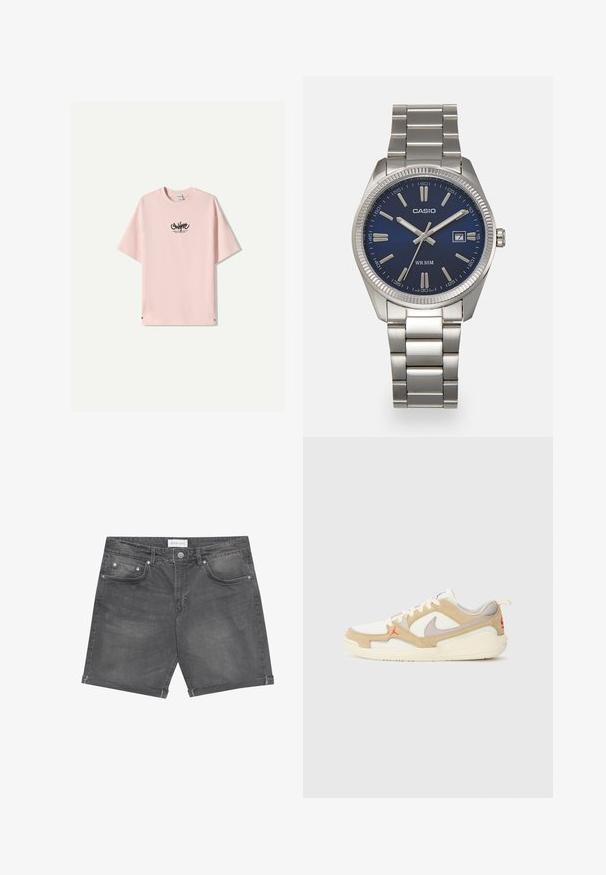 T-shirt rosa chiaro con scollo rotondo e maniche corte. Testo del logo nero stampato sul davanti. Presenta una vestibilità rilassata e una morbida texture in cotone.; Shorts in denim grigio scuro con un classico design a cinque tasche, orli arrotolati e dettagli in metallo. Texture liscia con sfumature delicate.; Sneaker bianca e beige con pannelli in rete e suede, dettagli grigi, logo rosso e linguetta arancione. Design con punta arrotondata e suola imbottita.; Orologio da polso in acciaio inossidabile argento con quadrante blu navy, indici metallici e finestra della data alle 3. Resistente all'acqua fino a 50 metri.