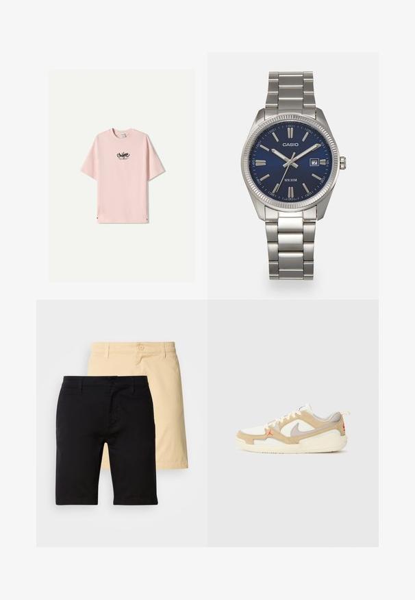 Light pink t-shirt with a round neck and short sleeves. Black logo text printed on the front. Features a relaxed fit and soft cotton texture.; Black and beige shorts made of cotton, featuring a button closure, belt loops, and a straight-cut design. The black shorts are in front.; White and beige sneaker with mesh and suede panels, grey accents, red logo, and orange pull tab. Rounded toe and cushioned sole design.; Silver stainless steel wristwatch with a navy blue dial, metallic hour markers, and a date window at 3 o'clock. Water-resistant to 50 meters.