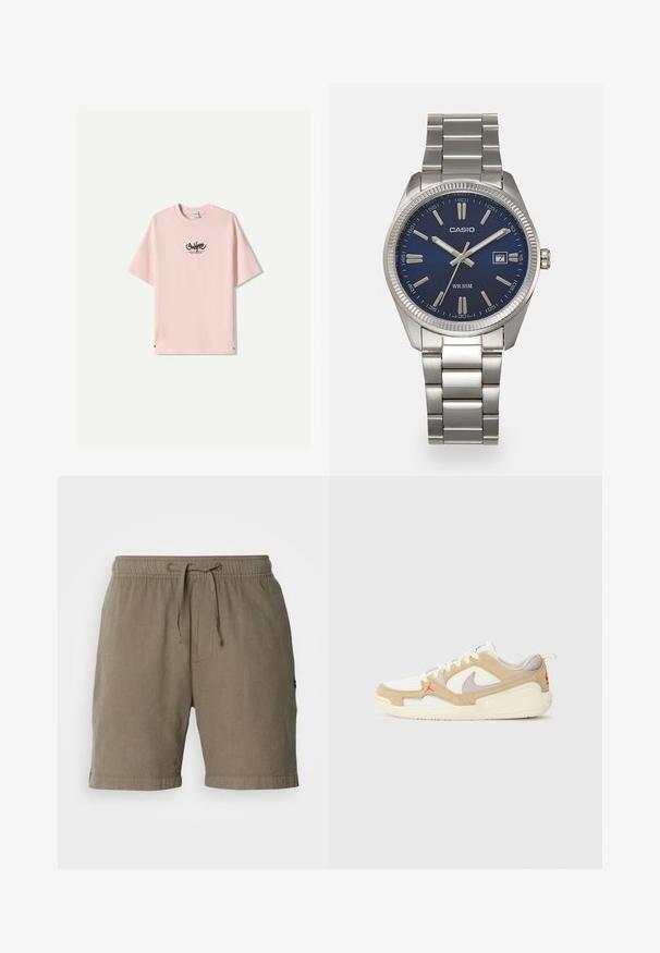 Lichtroze T-shirt met een ronde hals en korte mouwen. Zwarte logo-tekst gedrukt op de voorkant. Heeft een ontspannen pasvorm en een zachte katoenstructuur.; Beige linnen shorts met een elastische tailleband en koord. Voorzien van zijzakken en omgeslagen randen voor een ontspannen pasvorm.; Witte en beige sneaker met mesh- en suèdepanelen, grijze accenten, rood logo en oranje treklip. Ronde neus en ontwerpelementen met een gevoerde zool.; Zilveren roestvrijstalen horloge met een marineblauwe wijzerplaat, metalen uurmarkeringen en een datumnis op 3 uur. Waterbestendig tot 50 meter.