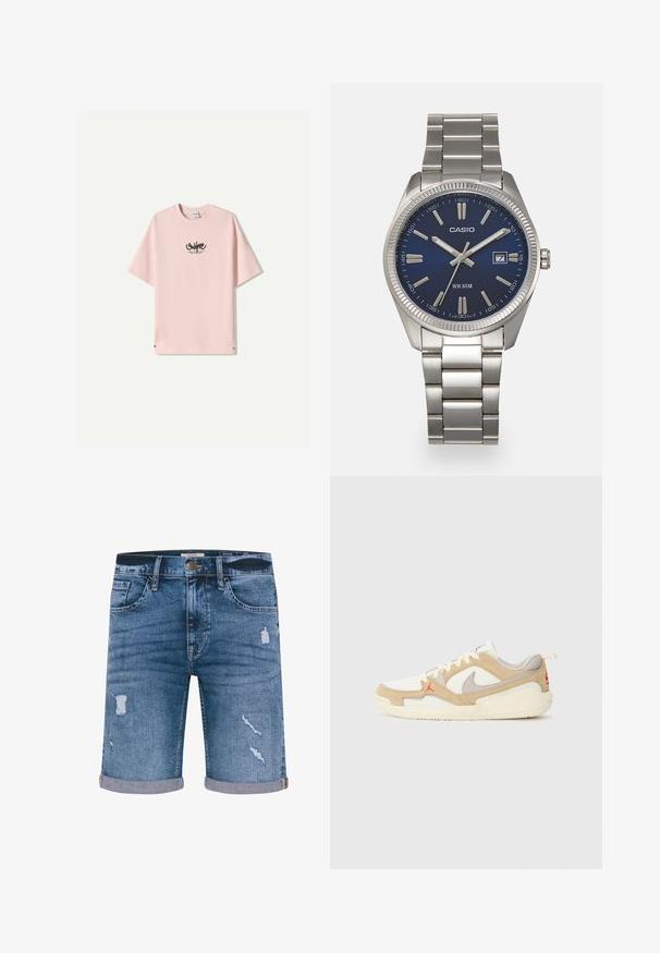 Világos rózsaszínű póló kerek nyakkivágással és rövid ujjakkal. Fekete logó szöveg nyomtatva az elején. Lazább szabású és puha pamut textúrájú.; Középkék farmer rövidnadrág, kopott hatással, felhajtott szegéllyel, öt zsebbel és fémből készült gombbal. Normál szabású.; Fehér és bézs sneaker hálós és velúr panelekből, szürke akcentussal, piros logóval és narancssárga füllel. Kerek orrú és párnázott talpú kialakítás.; Ezüst színű rozsdamentes acél karóránk sötétkék számlapja van, fém óraszámlálókkal és egy dátumablakkal a 3 órás pozícióban. 50 méterig vízálló.
