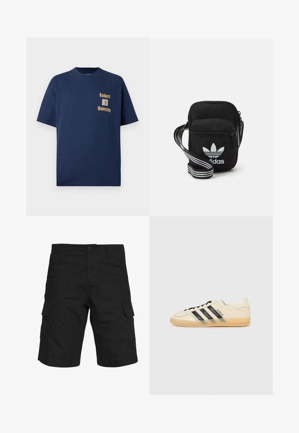 Námořnická modrá bavlněná tričko s krátkým rukávem, se zlatým textem "Carhartt University" a nášivkou na levé hrudi.; Černé cargo šortky vyrobené z tkané látky, s dvěma bočními kapsami, knoflíkovým zapínáním a rovnými nohavicemi sahajícími po kolena.; Světle krémové tenisky s černým designem tří pruhů,Texturovaný svršek, kulatá špička a gumová podešev. Obsahují šněrování a branding po straně.; Černá crossbody taška z látky se zipovým uzávěrem, obsahující bílé logo Adidas a pruhovaný nastavitelný popruh pro snadné nošení.