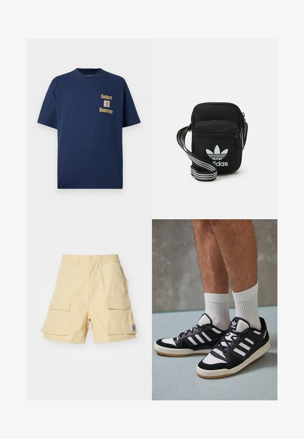 Marineblauwe katoenen T-shirt met korte mouwen, voorzien van gouden tekst "Carhartt University" en een logo-label op de linkerborst.; Gele cargoshorts van lichtgewicht stof, met twee grote zijzakken, een elastische tailleband en een klein logopatch aan de zijkant.; Zwart-witte sneakers met een bovenwerk van suede en leer, voorzien van drie witte strepen, een geperforeerde neus en een rubberen gumzool.; Zwarte stoffen schoudertas met een ritssluiting, voorzien van een wit Adidas-logo en een gestreepte, verstelbare schouderband voor gemakkelijk dragen.
