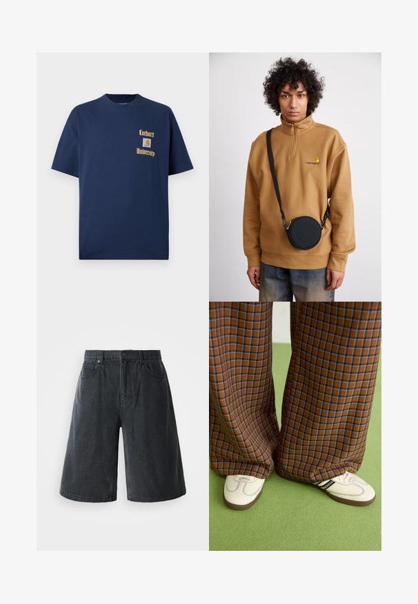 Σκούρο μπλε βαμβακερό T-shirt με κοντά μανίκια, με χρυσό κείμενο "Carhartt University" και λογότυπο ραμμένο στο αριστερό στήθος.; Σορτς τζιν σε σκούρο γκρι, με χαλαρή εφαρμογή, πέντε τσέπες και μέση με θηλιές ζώνης. Το υλικό έχει λεία υφή.; Καφέ και μπλε καρό παντελόνια με φαρδιά πόδια, σε συνδυασμό με λευκά παπούτσια που έχουν μαύρες λεπτομέρειες και υφασμάτινες σόλες, τοποθετημένα σε πράσινο φόντο.; Καφέ φλις πουλόβερ με κουμπί quarter-zip και κεντημένο λογότυπο, συνδυασμένο με μια μαύρη στρογγυλή τσάντα χιαστί με φερμουάρ και λεπτομέρεια λογότυπου, φορεμένο πάνω από τζιν.