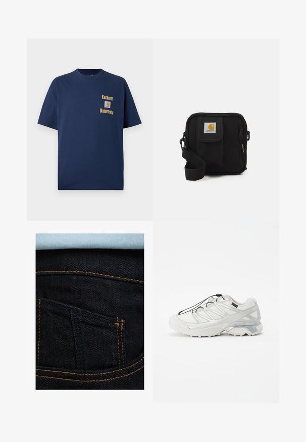 T-shirt en coton bleu marine à manches courtes, avec le texte doré "Carhartt University" et un écusson logo sur la poitrine gauche.; Jeans en denim bleu foncé avec des coutures oranges, présentant une poche arrière et une chemise bleu clair visible au-dessus. Texture lisse, design classique.; Bottine de sport blanche avec une tige en maille texturée, des accents réfléchissants et une semelle rembourrée. Elle comporte des lacets élastiques et des détails gris.; Sac bandoulière noir avec un compartiment principal zippé, une poche frontale, une sangle ajustable et un patch logo visible sur le rabat.