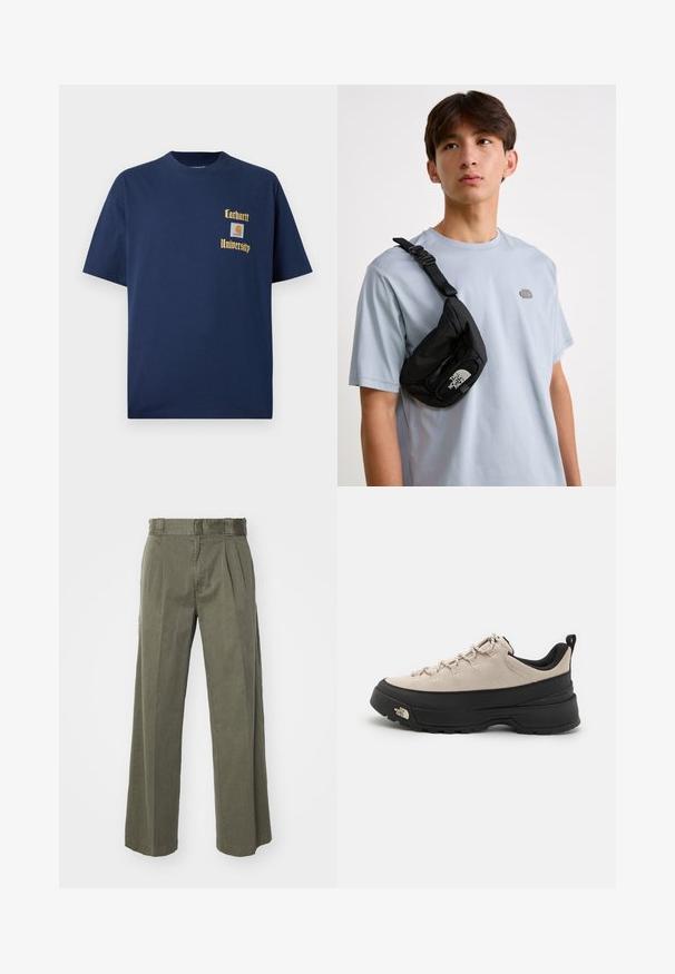Tumši zila kokvilnas T-krekls ar īsām piedurknēm, ar zelta tekstu "Carhartt University" un logo uzšuvumu kreisajā krūtī.; Olīvu zaļi bikses ar brīvu, plašu kāju dizainu un priekšējiem krokiem. Izgatavotas no teksturēta auduma ar standarta jostasvietu un bez redzamām metāla daļām.; Gaišbrūns zamša pārgājienu apavi ar melnu gumijas zoli, teksturētiem akcentiem un atstarotājām šņorēm. Iekļauts cilpu elements ērtai uzvilkšanai.; Melna neilona krūšu soma ar regulējamu siksnu, ar izteiktu baltu logo. Valkāta virs gaiši zila T-kreklu. Vienkāršs, funkcionāls dizains.