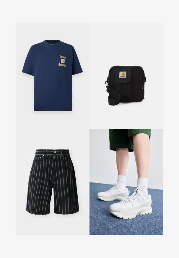 Sötétkék pamut póló rövid ujjal, arany színű "Carhartt University" felirattal és logóval a bal mellen.; Fekete csíkos pamut rövidnadrág, kontrasztos fehér függőleges csíkokkal, gombos záródással és elülső zsebekkel.; Fehér sportcipők texturált burkolattal, vastag talppal és szürke részletekkel. Fehér sportzoknival és zöld rövidnadrággal viselve, kék felületen.; Fekete keresztbody táska cipzáras főrekesszel, elülső zsebbel, állítható pánttal és látható logóval a fedélen.