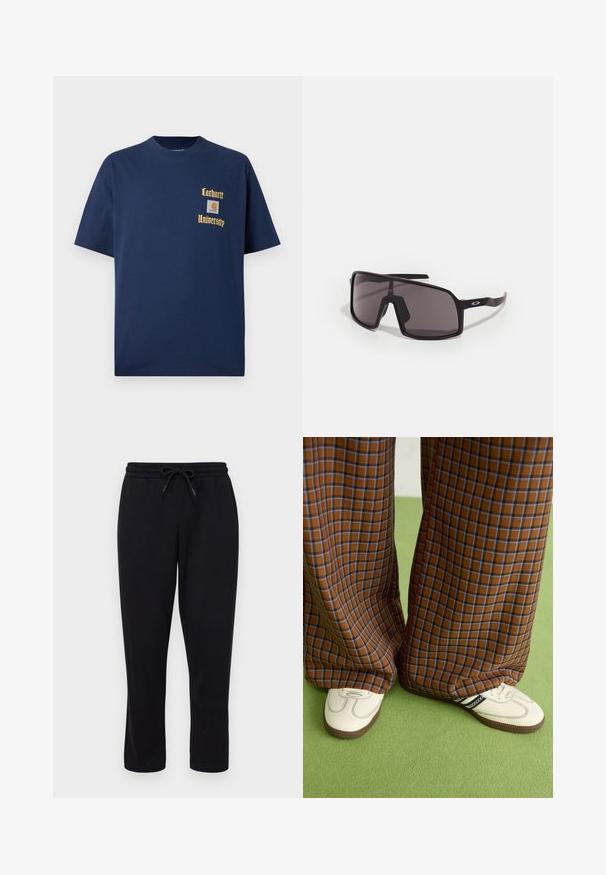 Marineblå bomulds T-shirt med korte ærmer, der har guld tekst "Carhartt University" og et logo patch på venstre bryst.; Only & Sons ONSCONNOR STRAIGHT PANTS - Træningsbukser - black; Brune og blå ternede brede benbukser parret med hvide sko med sorte accenter og strukturerede såler, sat mod en grøn baggrund.; Sorte rektangulære solbriller med mørke linser, bred ramme og slanke sorte arme. Har et logo på stængerne. Glat tekstur.