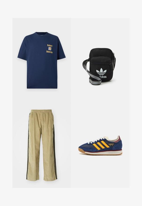 T-shirt de algodão azul-marinho com mangas curtas, apresentando texto dourado "Carhartt University" e um emblema no lado esquerdo do peito.; Calças de veludo cotelê bege com um cós elástico, apresentando riscas laterais pretas. O tecido tem uma textura estriada, ligeiramente alargadas na parte inferior.; Sneaker de camurça azul-marinho com riscas amarelas, atacadores brancos e realces em bordeaux. Sola texturizada com relevos para aderência. Logótipo da marca de lado.; Sacolinha transversal de tecido preto com fecho de zíper, apresentando um logo da Adidas em branco e uma alça ajustável listrada para facilitar o transporte.