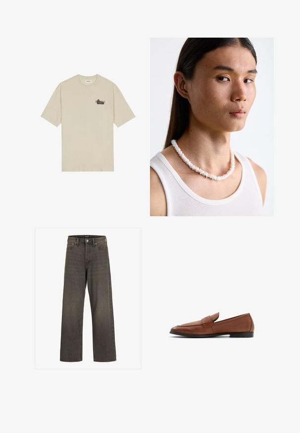 Beige puuvillane T-särk lühikeste varrukatega, ümar kaelus ja must graafiline print, mis esitleb sõna "ROOMA" ees.; Valkoset farkut tummanharmaasta denimestä, joissa on korkea vyötärö, klassinen viisi-taskuinen muotoilu ja erottuvat ompeleet saumoissa.; Ruske nahkakeedid madala silueti, ümmarguse nina ja õmmeldud detailidega peal. Üksikasjalik must tald sileda viimistlusega.; Valkoinen simpukkaketju, joka koostuu epäsäännöllisistä muodoista, worn valkoisen tiukan tanktopin päällä. Sujuva pinta, jossa on hienovaraista kiiltoa, tiukasti istuva muotoilu.