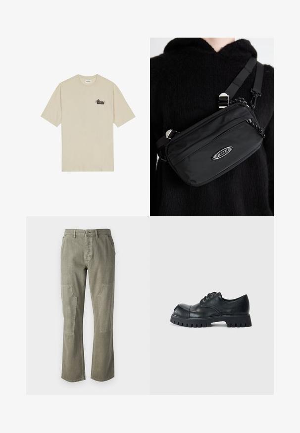 Tricou din bumbac bej, cu mâneci scurte, guler rotund și imprimeu grafic negru cu cuvântul "ROME" pe față.; Pantaloni verde măsliniu din bumbac, cu un design dreapt, având accente ribbate la buzunarele aplicate și cusături contrastante.; Pantofi din piele neagră, cu șireturi, cu vârful rotund, talpă din cauciuc masivă și cusături decorative pe partea superioară. Material texturat și design solid.; Geantă de umăr din nailon negru, cu curea ajustabilă, având o textură netedă, un buzunar frontal cu fermoar și un accent cu logo.
