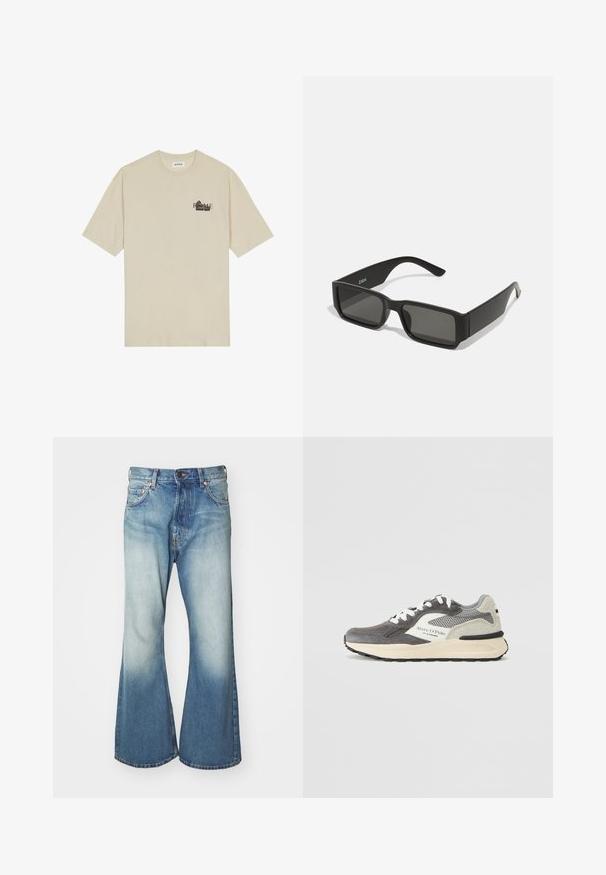 Beige puuvillane T-särk lühikeste varrukatega, ümar kaelus ja must graafiline print, mis esitleb sõna "ROOMA" ees.; Weekday TIME LOOSE - Straight leg -farkut - blue; Miesten tennarit, joissa on harmaan mokkanahan ja verkon yhdistelmä, valkoiset yksityiskohdat, musta kumipohja ja logoyksityiskohta sivussa.; Musta aurinkolasit suorakulmaisine linsseineen, matasta muovista valmistettu kehys ja suorat reunat. Sisähaara on varustettu merkkilogolla.