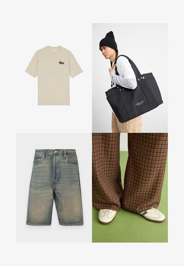 Beige bomulls t-skjorte med korte ermer, rund hals og svart grafisk trykk som viser ordet "ROMA" på framsiden.; Jeanshorts, falmet blå farge, høyt liv-design, fem-lomme stil, med metallbeslag og synlige sømmer.; Brune og blå rutete vide bukser sammen med hvite sko med svarte detaljer og teksturerte såler, satt mot en grønn bakgrunn.; Svart kanvas totebag med to robuste håndtak, med metalldetaljer og frontlommer. Merkevaren er vist i hvit tekst nederst.