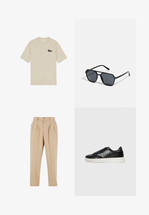T-shirt en coton beige à manches courtes, col rond, avec un imprimé graphique noir portant le mot "ROME" sur le devant.; Pantalons plissés beige avec une coupe droite, fabriqués en tissu lisse, dotés d'une fermeture à bouton et de passants de ceinture à la taille.; Baskets noires avec un dessus en cuir gaufré effet crocodile, bout rond et semelle en caoutchouc blanc contrastant avec une finition lisse.; Lunettes de soleil noires avec monture octogonale, verres foncés, finition brillante, branches fines et accents dorés sur l'avant.