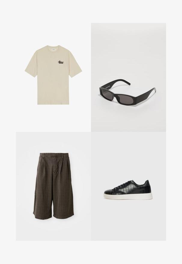 Beige bomulls t-skjorte med korte ermer, rund hals og svart grafisk trykk som viser ordet "ROMA" på framsiden.; Brune striped shorts med løs passform. Laget av lett stoff, med folder og oppbrettede nederkanter for ekstra detaljer.; Svarte joggesko med en teksturert krokodille-embossed læroverdel, rund tå og en kontrasterende hvit gummisåle med en glatt overflate.; Sorte rektangulære solbriller med mørke linser, en glatt plastikkramme og en subtil logo på venstre arm. Minimalistisk design.