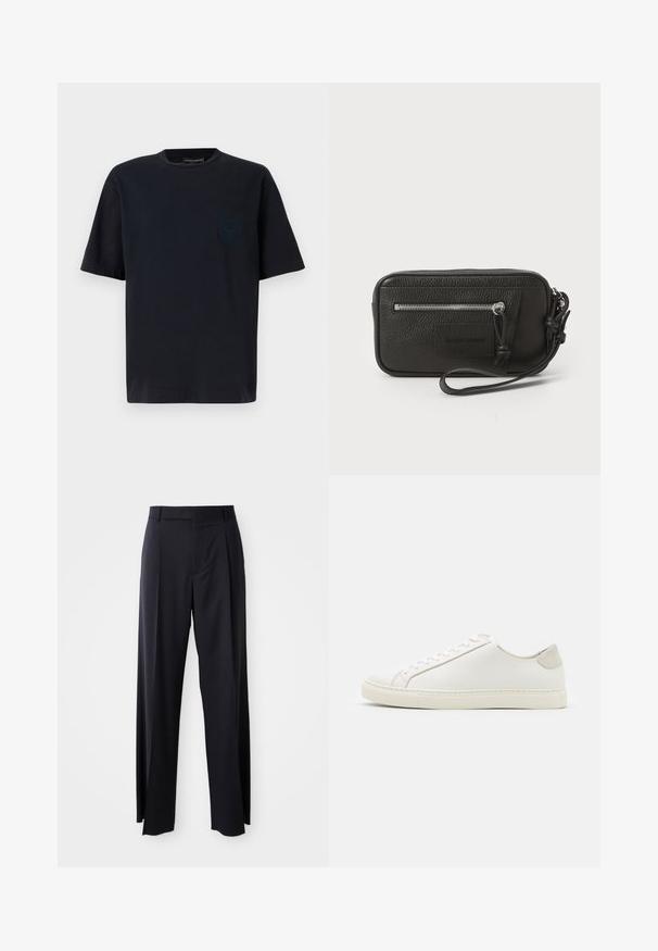 Tricou din bumbac bleumarin cu guler rotund, mâneci scurte și un buzunar cu un detaliu subtil cu logo embosat pe partea stângă a pieptului.; Pantaloni negri, cu talie înaltă și croi evazat, dintr-un material fin. Prezintă pliseuri frontale și buzunare cu curea. Design minimalist, fără accesorii vizibile.; Tenisii albi din piele cu o suprafață netedă, vârf rotund și un design minimalist. Prezintă accente bej pe toc și o talpă din cauciuc.; Plică din piele neagră cu suprafață texturată, buzunar frontal cu fermoar și curea pentru încheietura mâinii detasabilă. Dispune de un patch cu logo pe față. Formă rectangulară.