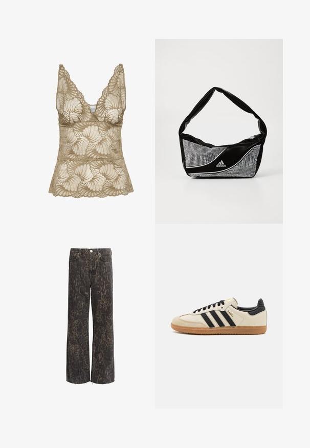 Beige krajková top bez rukávů s výstřihem do V, s dalšími vlnitými okraji a květinovým vzorem. Měkká textura s propracovanými detaily.; Černé široké džíny s leopardím potiskem, vyrobené z denimu, s neupraveným lemem a stříbrnými knoflíky. Dvoje přední kapsy.; Beige sportovní obuv s černými pruhy, gumovou podešví a černými akcenty. Disponuje hladkým koženým svrškem a zaobleným tvarem špičky.; Černá a stříbrná taška adidas s hladkou texturou, vyznačující se lesklým hrotným vzorem a charakteristickým zakřiveným designem.